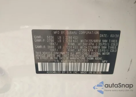 2020 Subaru Outback Touring Xt z USA, uszkodzony, nr VIN 4S4BTGPD9L3201217